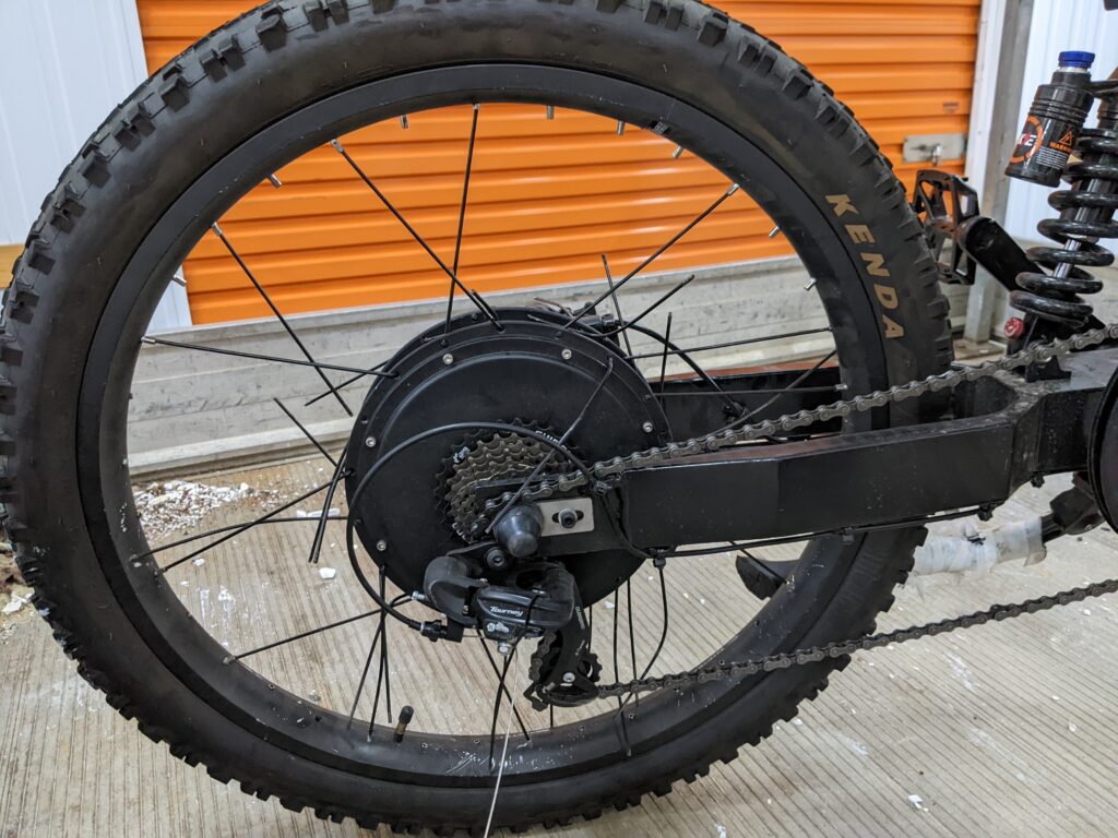 Closeup of broken spokes on Stealth Mountain Bike wheel